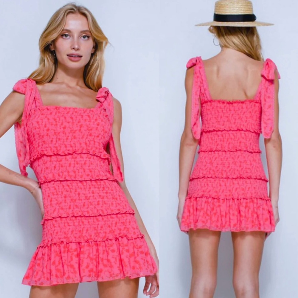 Smocked Tie-Shoulder Mini Dress in Hot Pink